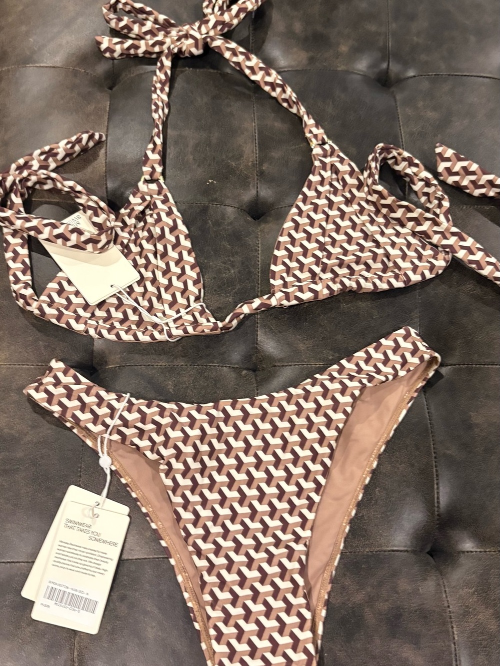 Monday Swimwear HusK Geo Bikini Bottoms in Brown & Cream